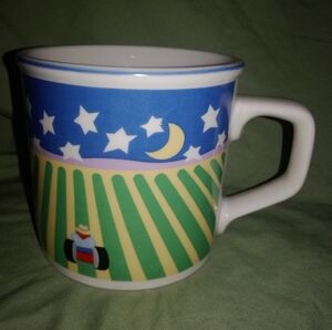 Tienshan Stoneware Coffee Mug Farmer Tractor Moon Stars Cup Plowed Field Farm